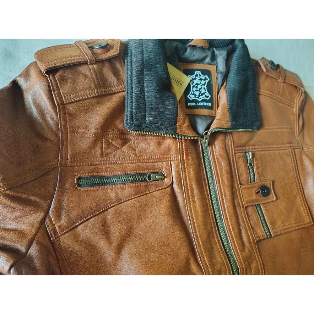 Men's Cognac Brown Real Leather Moto Biker Bomber Jacket Ribbed Collar Size L